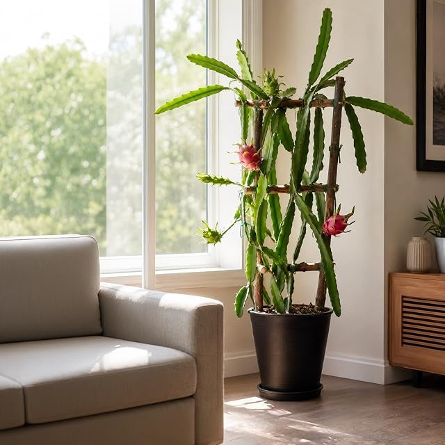 Dragon fruit plant in a bright living room